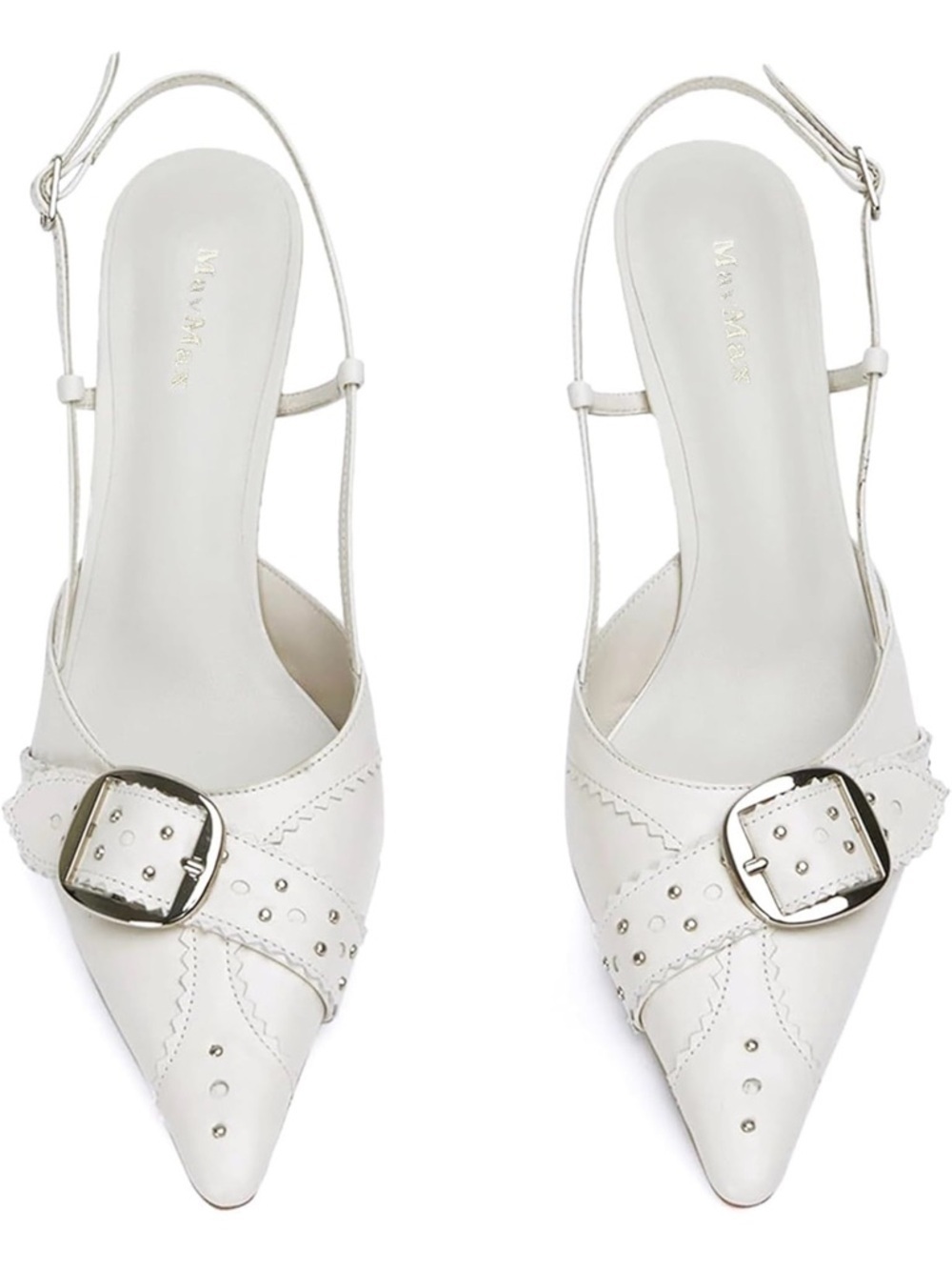 White Slingback Pointed Toe Heels with Buckle - Picture 2 of 5